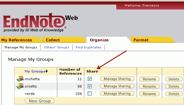 Gruppi: organizzare per condividere con altri (EndNote Web)